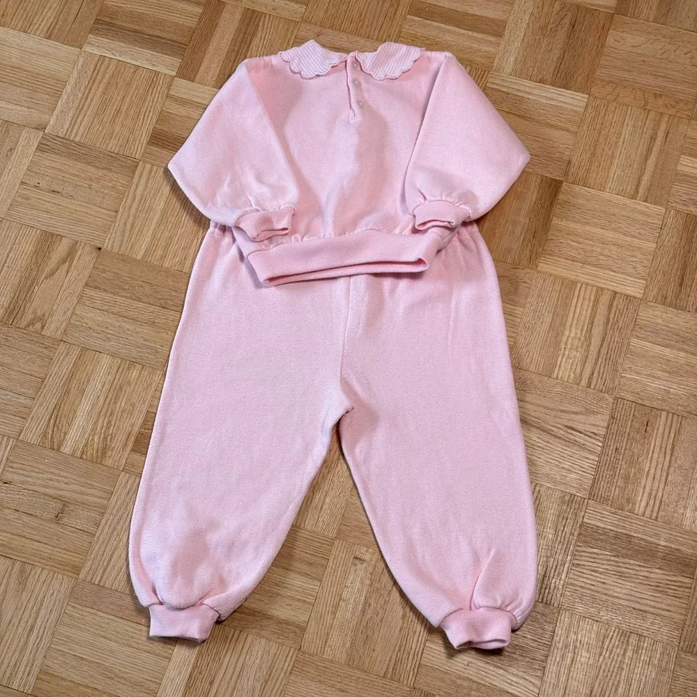 Vintage Crackerjack Pink Fleece Sweatshirt Pants Set 24M Bunny Train Embroidered - Picture 8 of 10